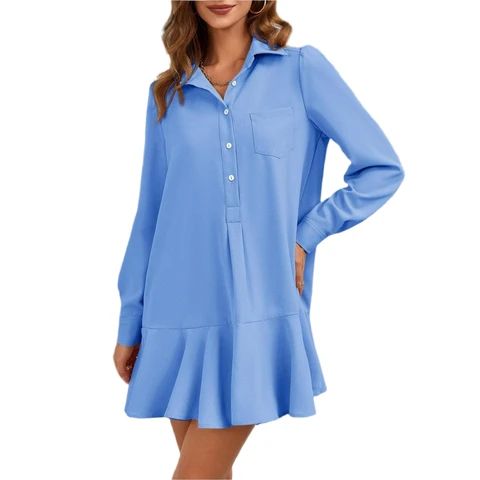 Light Blue Shirt Dress with Ruffled Hem for Chic Hosting Light Blue Shirt Dress with Ruffled Hem for Chic Hosting — Hostess Outfits