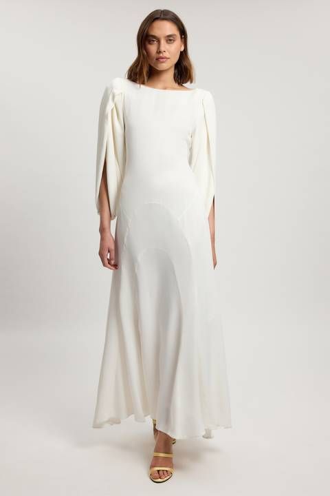 Ivory Floor-Length Dress with Boat Neckline and Split Sleeves Ivory Floor-Length Dress with Boat Neckline and Split Sleeves — Bridal Shower Dresses