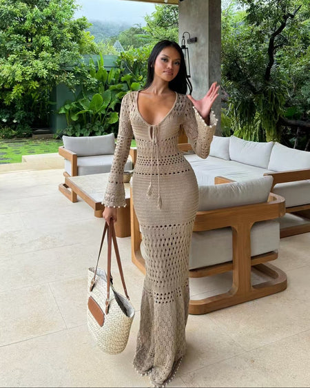 Beige Crochet Maxi Dress with Bell Sleeves for Holidays Beige Crochet Maxi Dress with Bell Sleeves for Holidays — Crochet Outfits