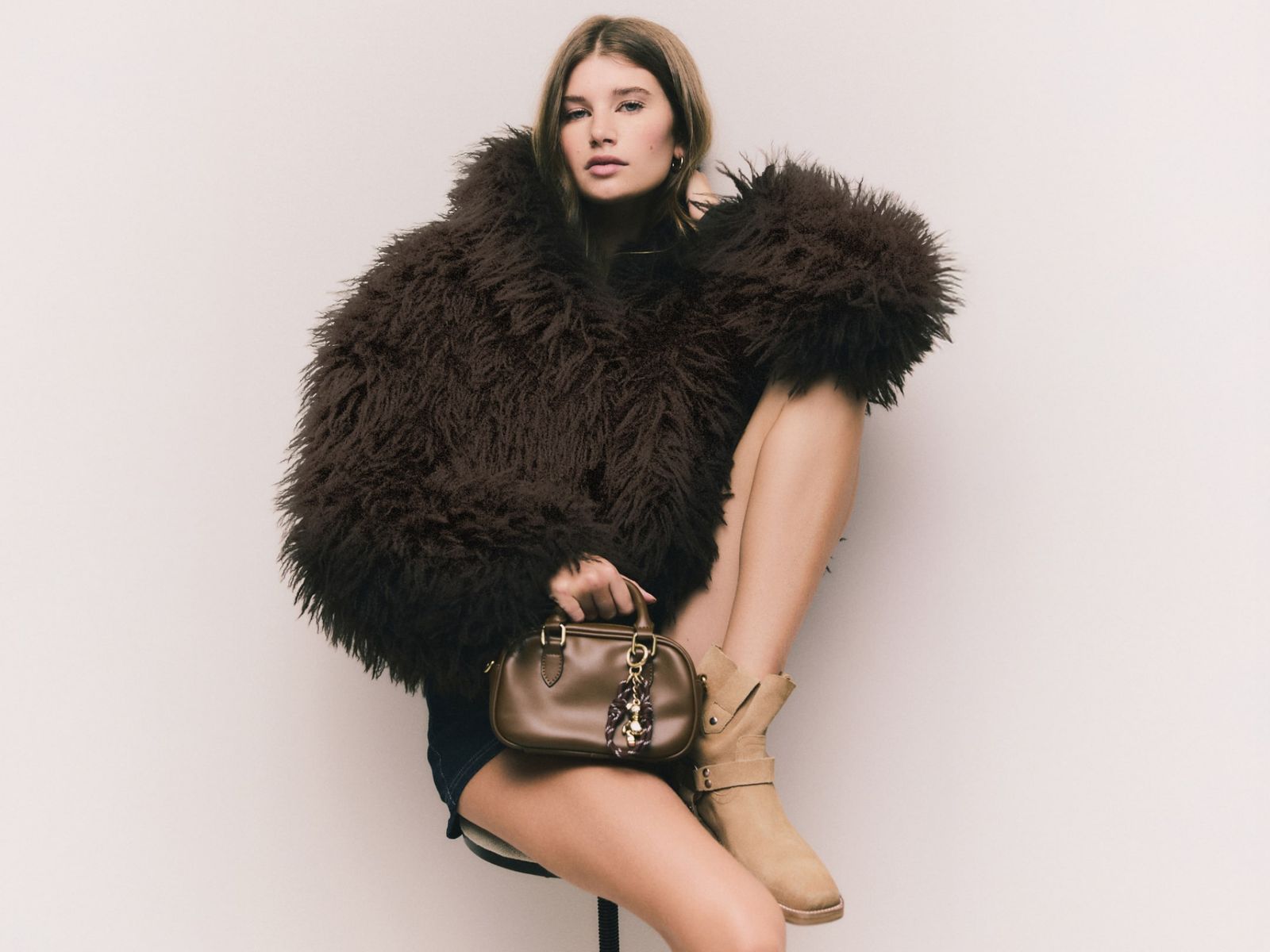 Oversized Faux Fur Coat with Mini Shorts and Top-Handle Bag — Michael Kors Bag Outfits