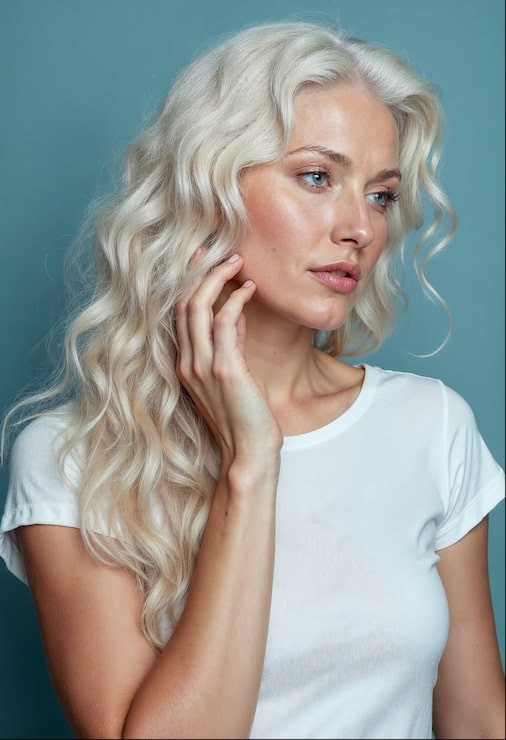 Mid-Back Thick Platinum Blonde With Ash Mid-Back Thick Platinum Blonde With Ash — Hair Color for Fair Skin Blue Eyes