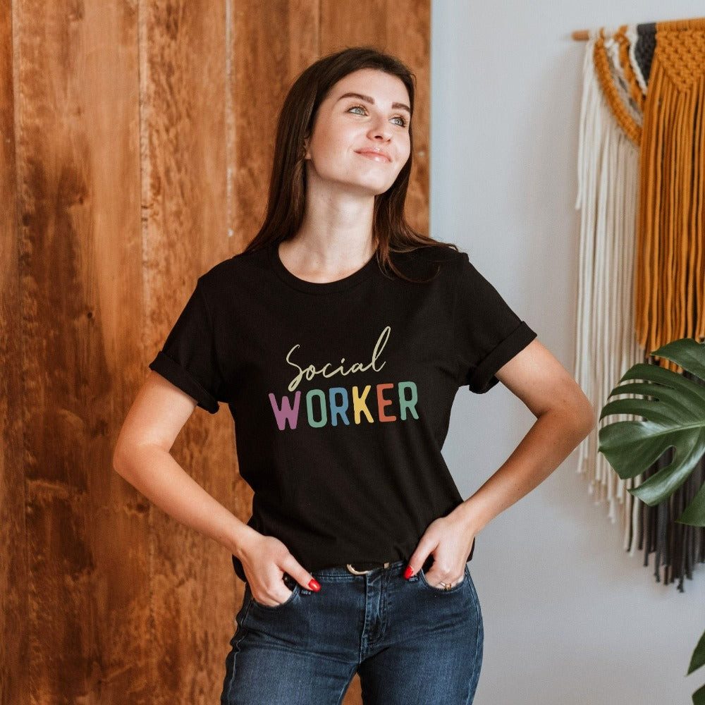 Graphic 'Social Worker' Tee with Colorful Text for Casual Professionalism Graphic 'Social Worker' Tee with Colorful Text for Casual Professionalism — Social Worker Outfits