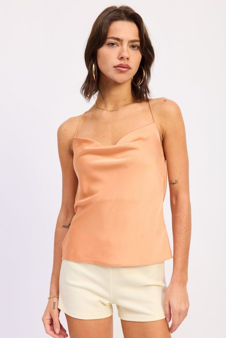 Peach Satin Cami Top with Cream Tailored Shorts — Satin Top Outfits