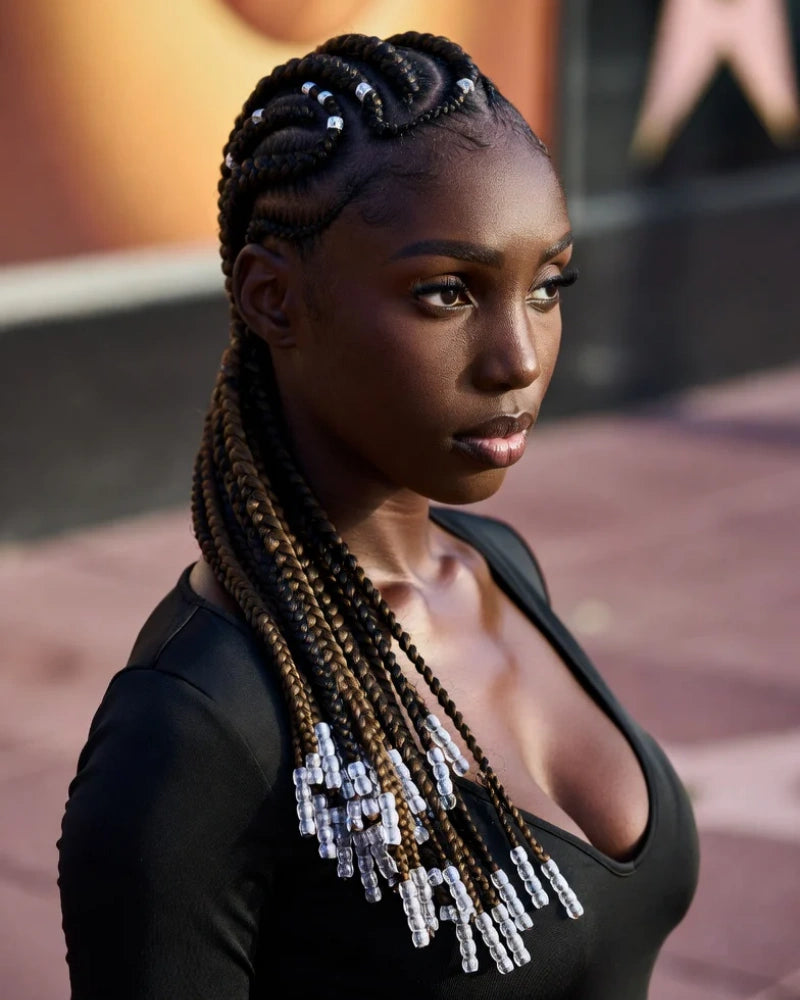 Two-Tone Mid-Back Fulani Braids With Clear Beads