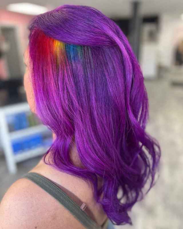 Vibrant Purple With Hidden Rainbow Streaks Vibrant Purple With Hidden Rainbow Streaks — Fun Hair Colors