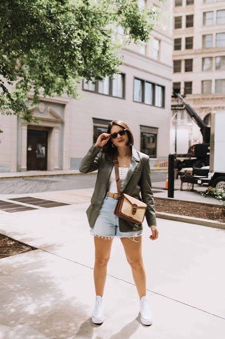Olive Green Blazer with Denim Shorts for Casual Summer Olive Green Blazer with Denim Shorts for Casual Summer — Blazers