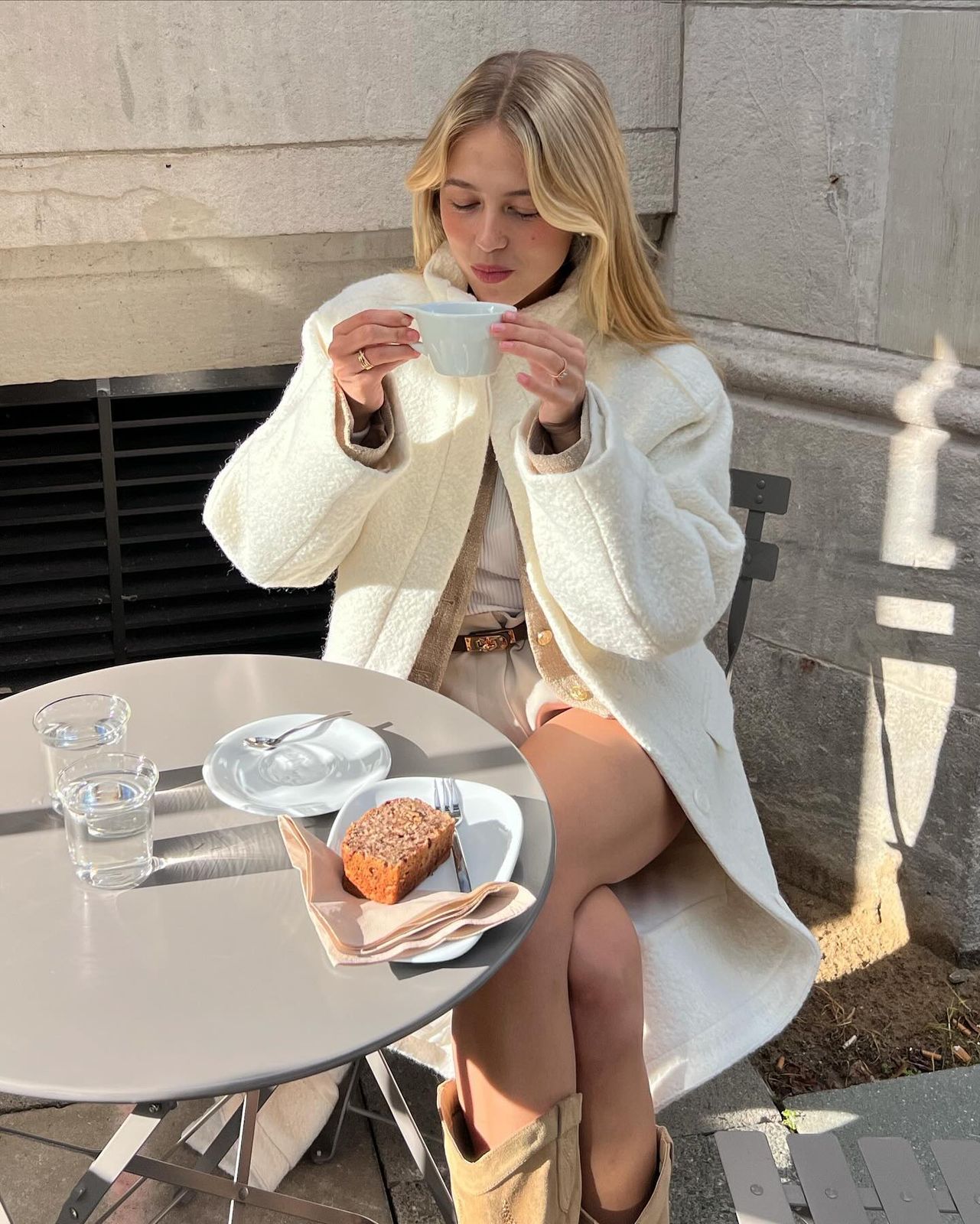 Textured Cream Coat and Mini Shorts for a Chic Coffee Date Textured Cream Coat and Mini Shorts for a Chic Coffee Date — Coffee Date Outfits
