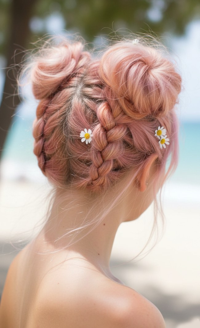Pastel Pink Braided Space Buns With Flowers Pastel Pink Braided Space Buns With Flowers