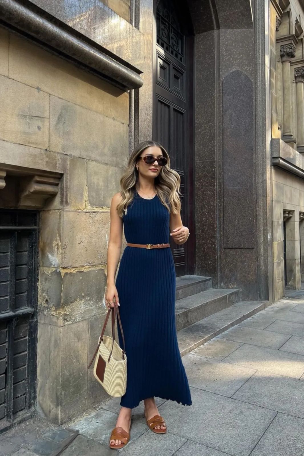 Chic Maxi Dress with Belted Waist — Round Sunglasses Outfits