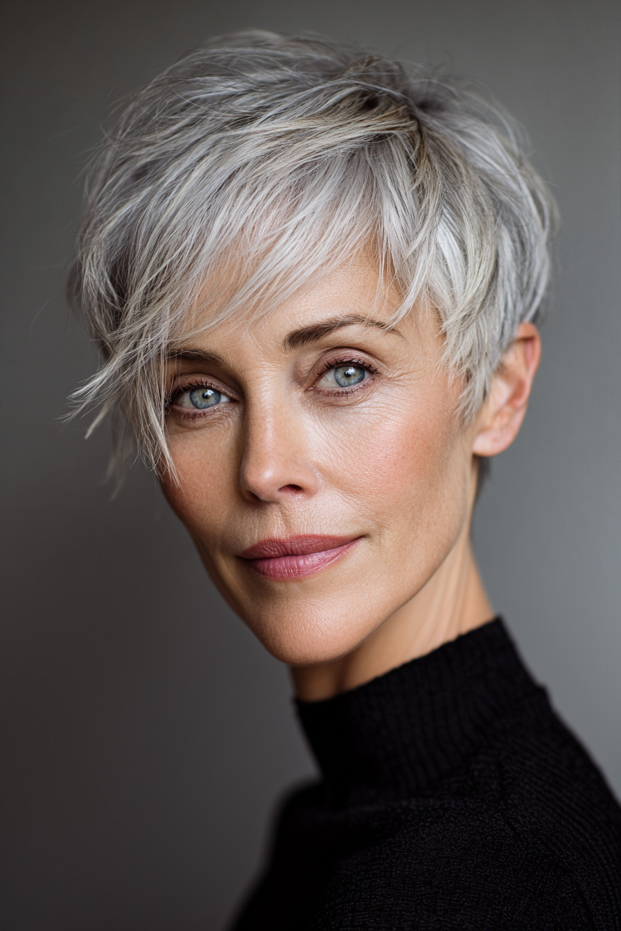 Sleek Silver Pixie With Side Bangs Sleek Silver Pixie With Side Bangs — Hair Color Over 50 Short Hair