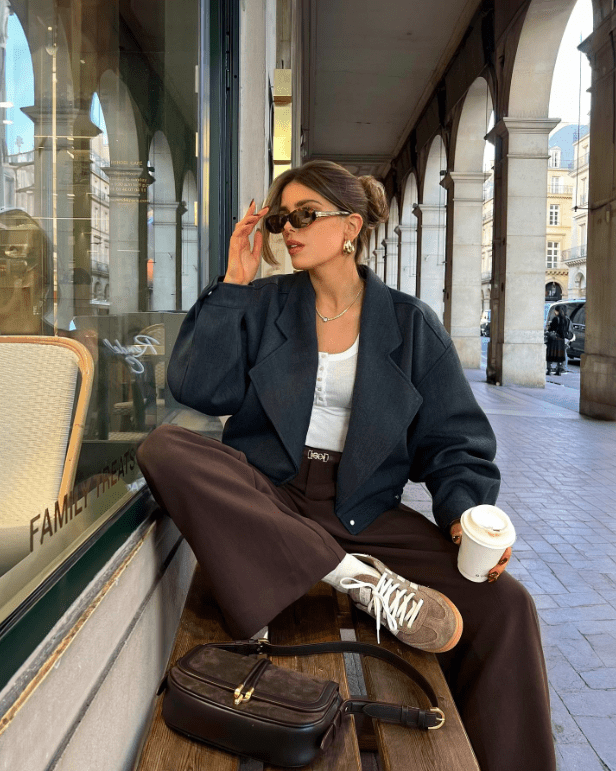 Brown Wide-Leg Trousers with Grey Blazer Brown Wide-Leg Trousers with Grey Blazer — Black and Brown Outfits