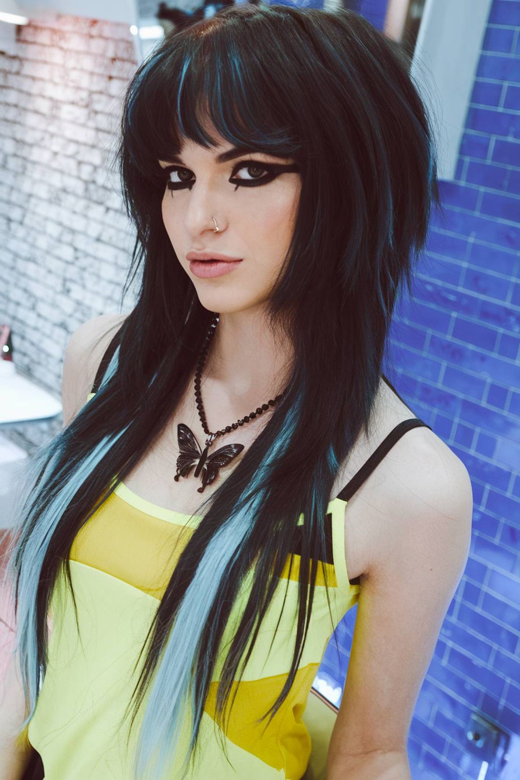 Long Layered Shag With Teal Highlights — Emo Hair