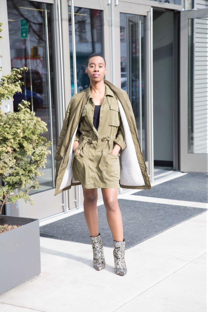 Olive Green Utility Dress with Sherpa Jacket and Sparkly Boots — Atlanta Outfits