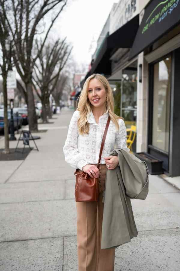 Collared Lace Blouse with Tan Straight-Leg Pants Collared Lace Blouse with Tan Straight-Leg Pants — Lace Top Outfits