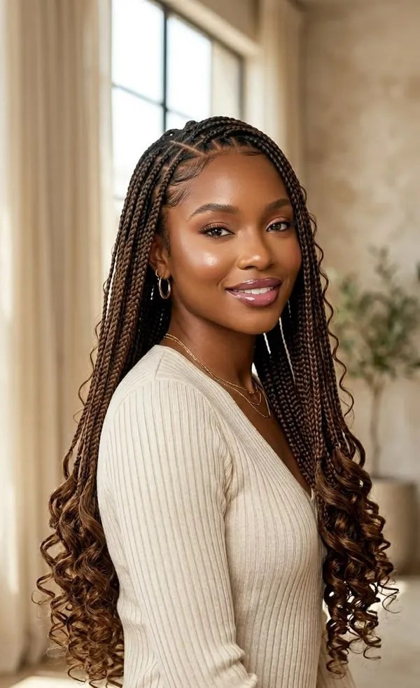 Brown Box Braids with Contrasting Curly Ends — Brown Knotless Braids