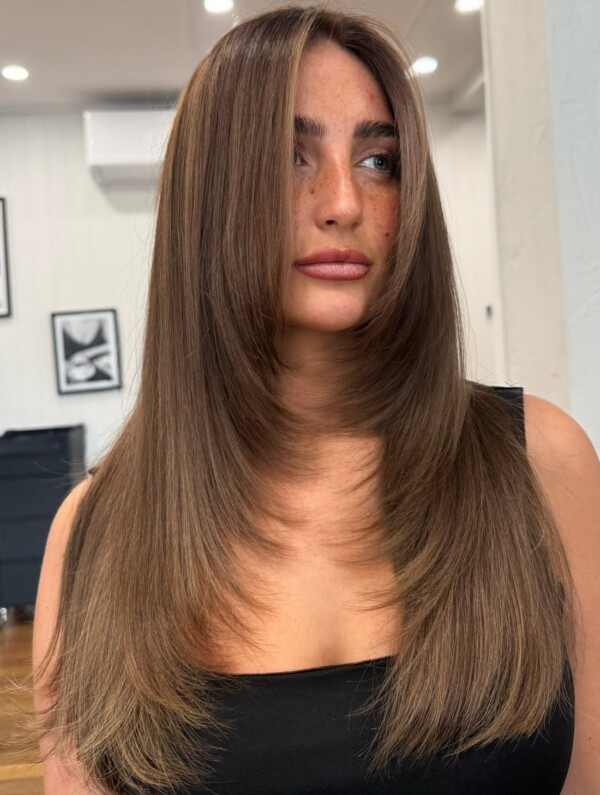 Collarbone Layered Cut Sleek Brunette Collarbone Layered Cut Sleek Brunette — Face Framing Layers