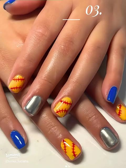 Yellow Softball & Bright Blue Nails Yellow Softball & Bright Blue Nails — Softball Mom Nails