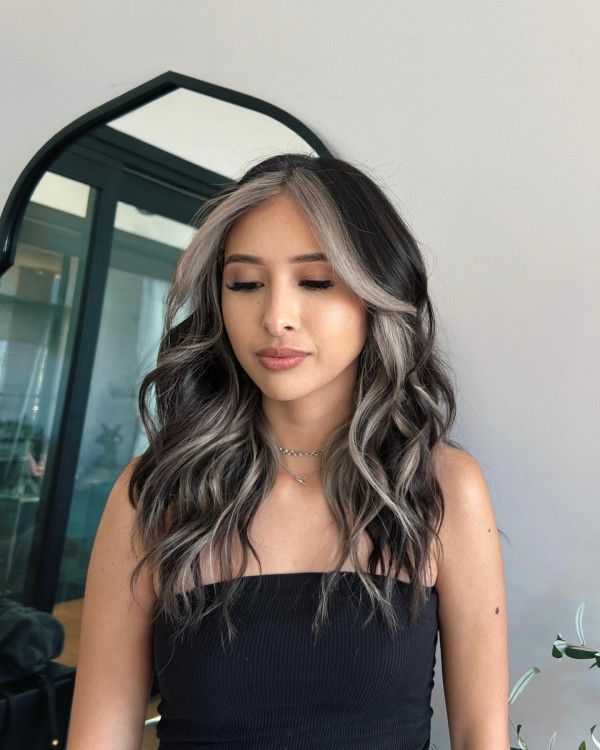 Collarbone Layers with Platinum Money Piece Collarbone Layers with Platinum Money Piece — Black and Blonde Hair