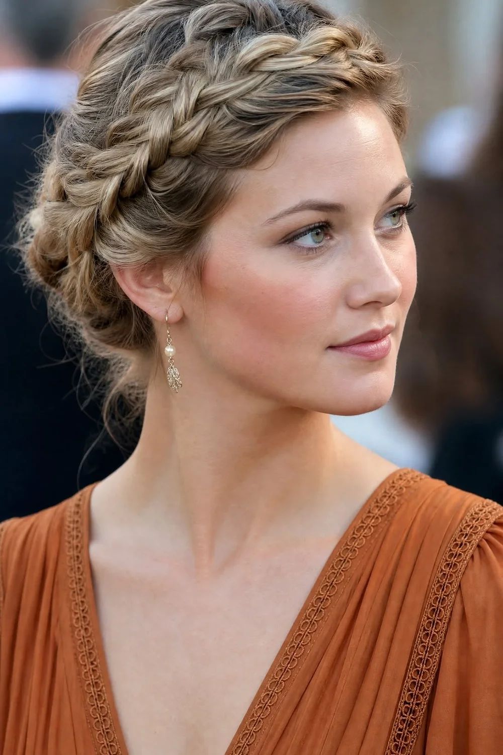 Braided Crown With Wispy Bangs and Loose Waves Braided Crown With Wispy Bangs and Loose Waves — Wedding Guest Hairstyles