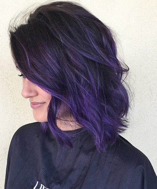 Purple Balayage on Wavy Lob — Purple Black Hair
