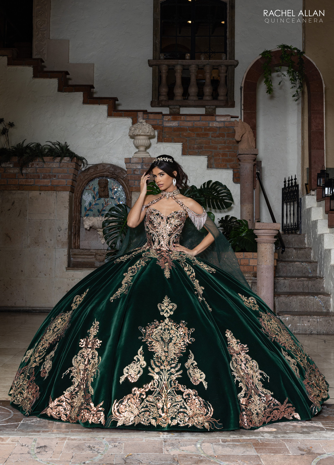 Emerald Green Velvet Ballgown with Gold Embroidery Emerald Green Velvet Ballgown with Gold Embroidery — Quinceanera Dresses