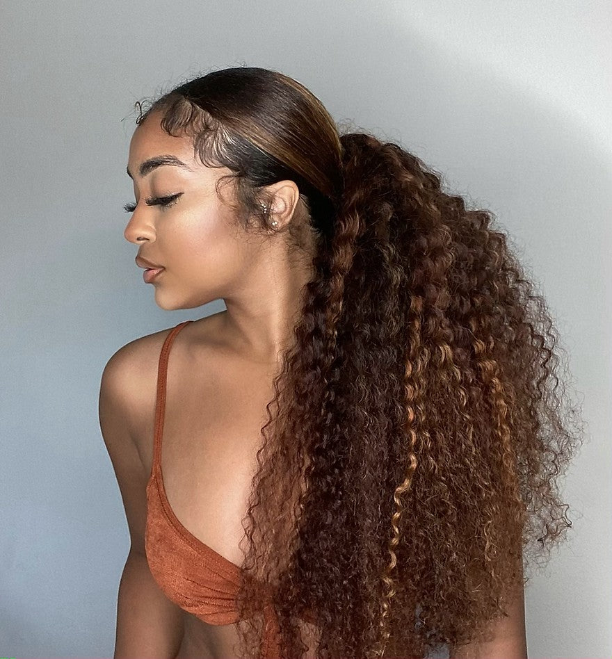 Dark Brown Ponytail With Honey Highlights — Curly Ponytail