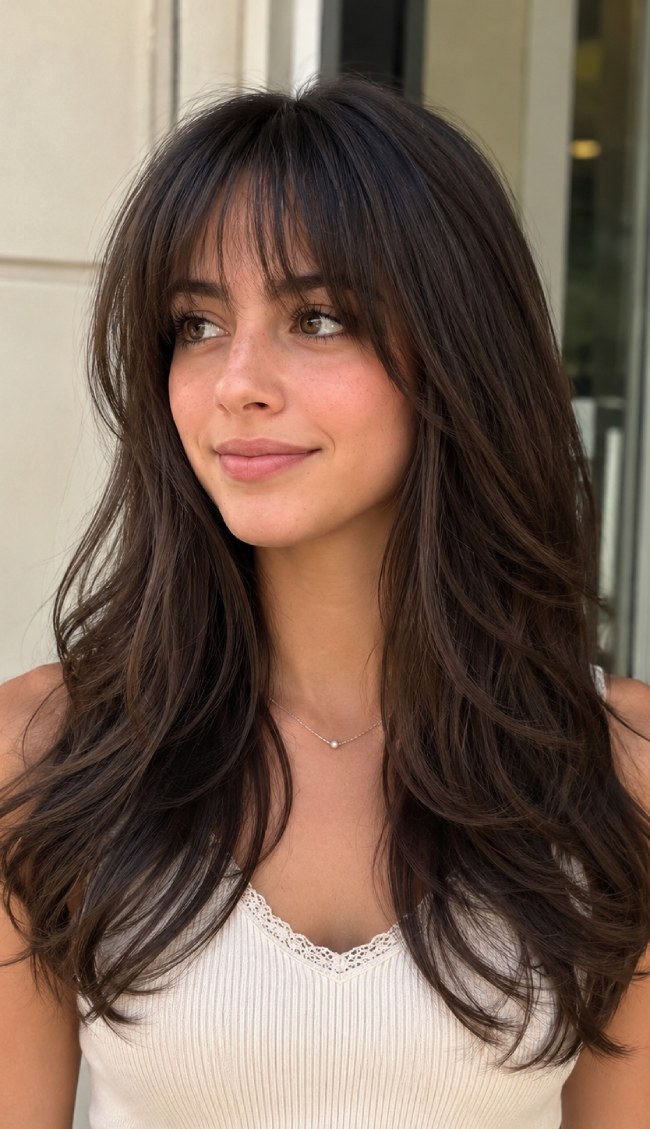 Dark Chocolate Layers With Wispy Fringe — Long Hair with Bangs