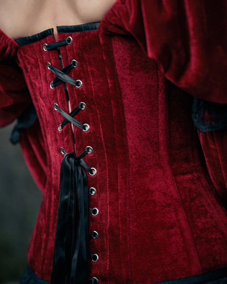 Deep Red Velvet Corset Over Long-Sleeved Velvet Top Deep Red Velvet Corset Over Long-Sleeved Velvet Top — Vampire Aesthetic Outfits