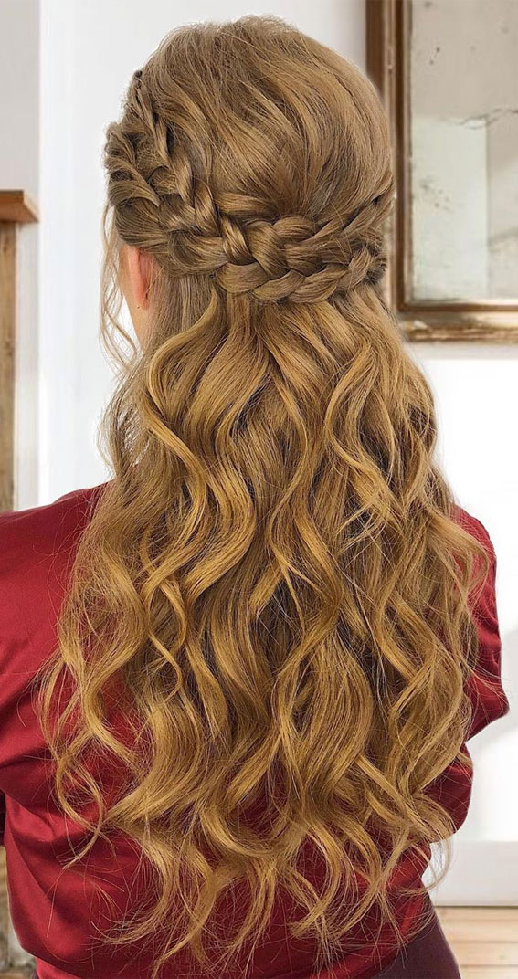 Blonde Braided Crown With Soft Waves Blonde Braided Crown With Soft Waves — Half Up Half Down Curly Hair