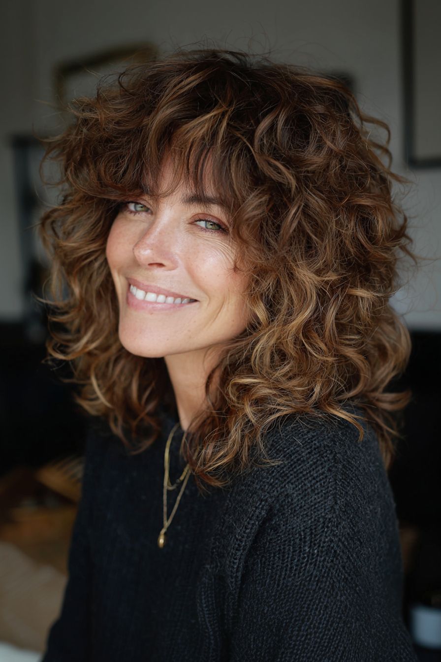 Medium Brown With Blonde Balayage Visual Idea — Balayage Curly Hair