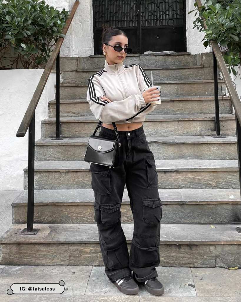Black Wide-Leg Cargo Pants With a Striped Cropped Jacket — Cargo Pants Outfits