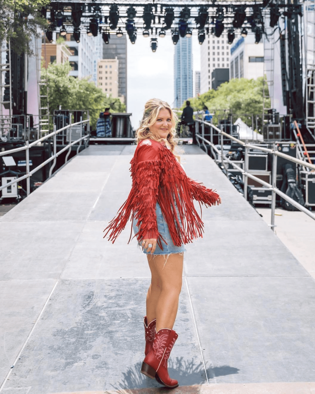 Vibrant Red Fringed Jacket and Denim Shorts — Cowgirl Outfits