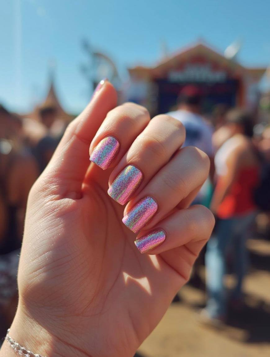 Short Square Iridescent Glitter Nails — Festival Nails