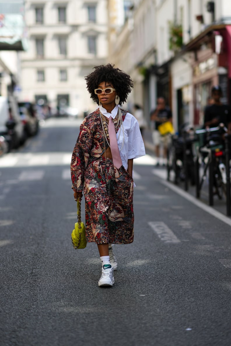 Patterned Jacket, Tie, Midi Skirt, and White Sneakers — Retro Sneakers Outfits