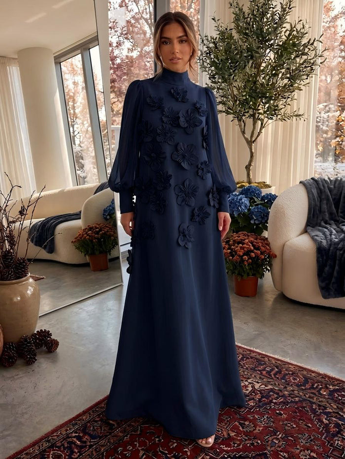Navy Blue High-Neck Dress with 3D Floral Appliques — Gala Dresses