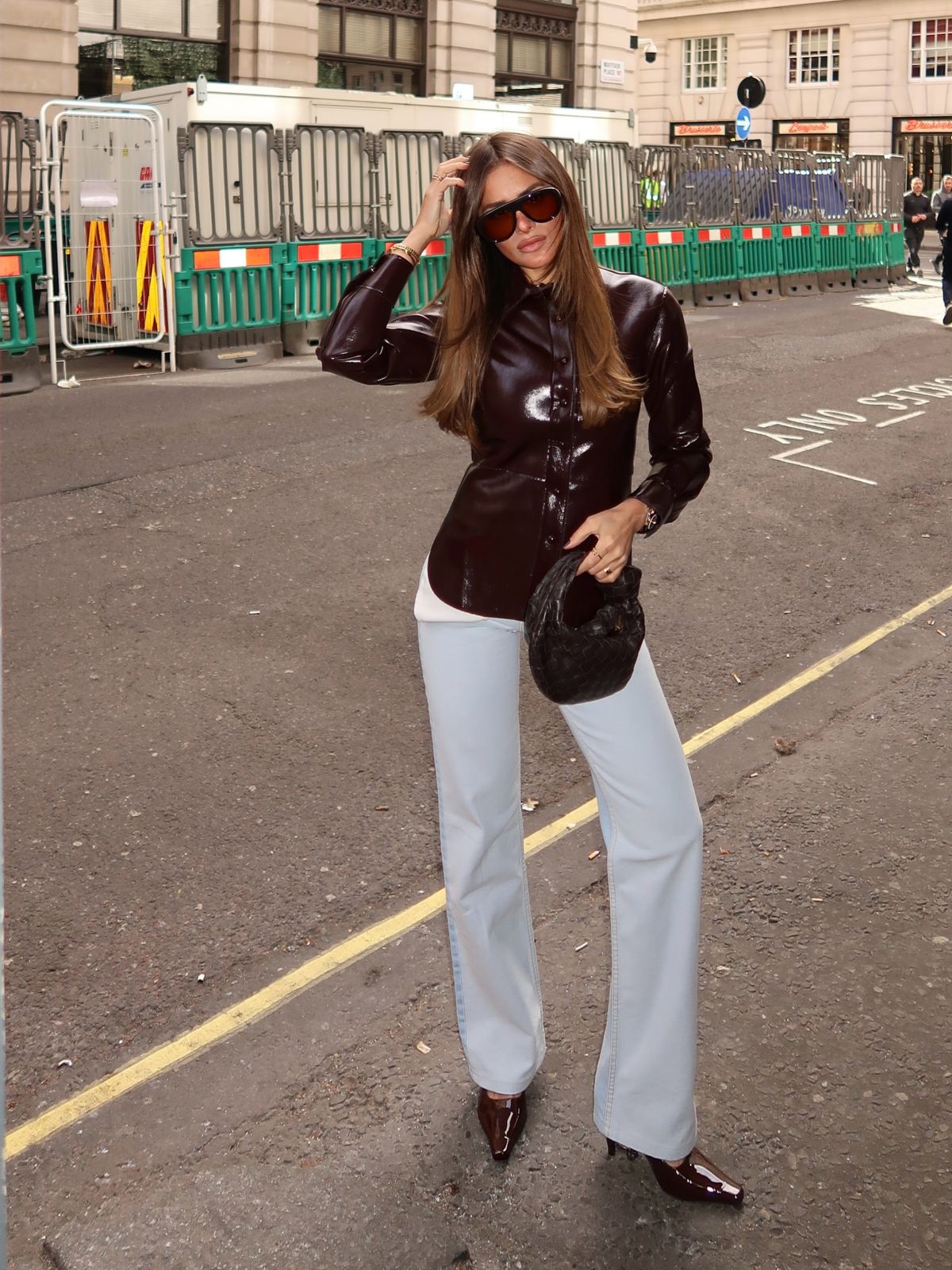 Patent Leather Shirt and Jeans with a Black Woven Handbag Patent Leather Shirt and Jeans with a Black Woven Handbag — Bottega Veneta Bag Outfits