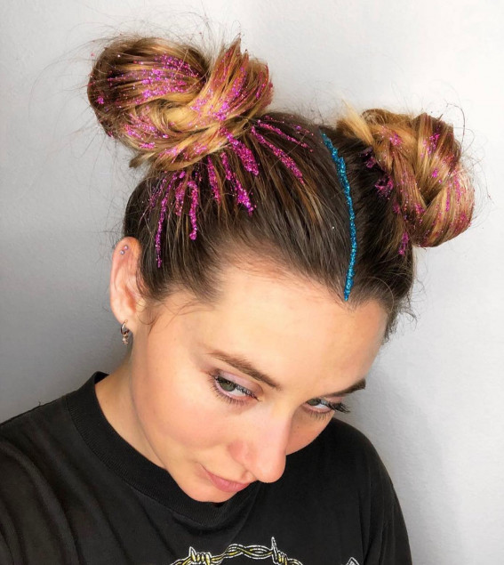 Blonde Space Buns with Pink and Blue Glitter — Festival Hairstyles