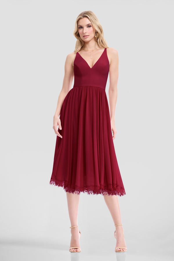 Formal Maroon Chiffon Fit and Flare with Lace Trim Formal Maroon Chiffon Fit and Flare with Lace Trim — Fit and Flare Dresses