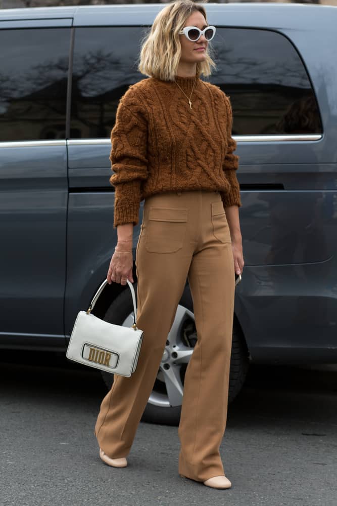 Relaxed Brown Cable Knit Sweater with Tan Wide-Leg Trousers — Brown Outfits