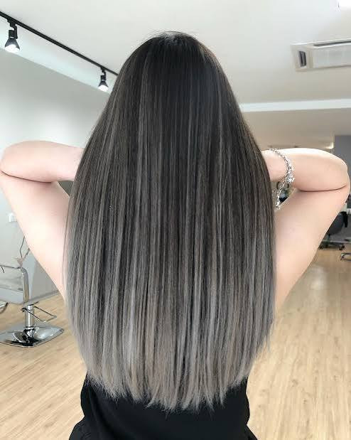 Mid Back Ash Grey Balayage On Dark Base — Balayage Straight Hair