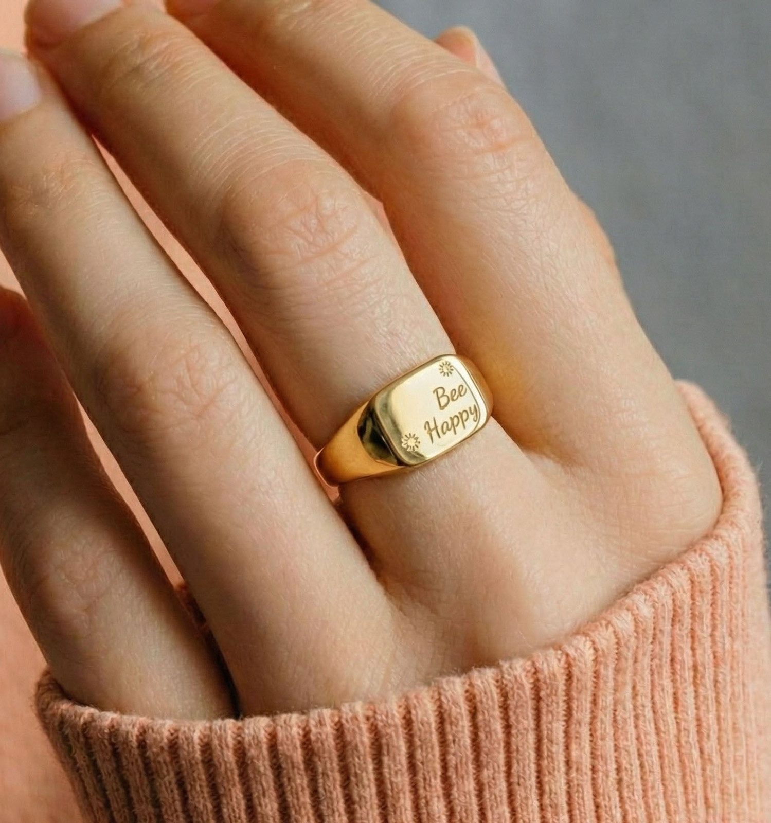 Gold Signet Ring with 'Bee Happy' Engraving and Knitwear Gold Signet Ring with 'Bee Happy' Engraving and Knitwear — Signet Rings