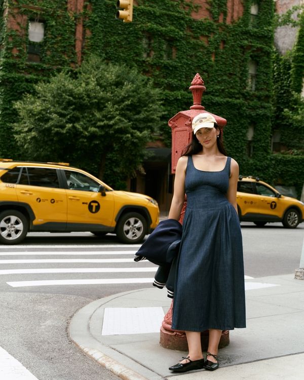 Dark Blue Denim Tea Length Dress with Ballet Flats and Baseball Cap Dark Blue Denim Tea Length Dress with Ballet Flats and Baseball Cap — Tea Length Dresses