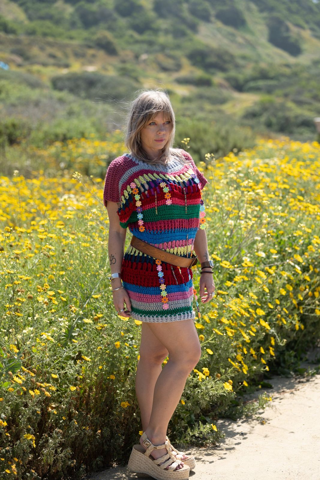 Multicolor Crochet Mini Dress with Floral Accents Multicolor Crochet Mini Dress with Floral Accents — Crochet Dresses