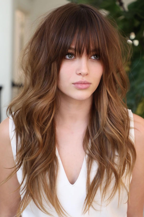 White V-Neck Top and Caramel-Brown Wispy Bangs