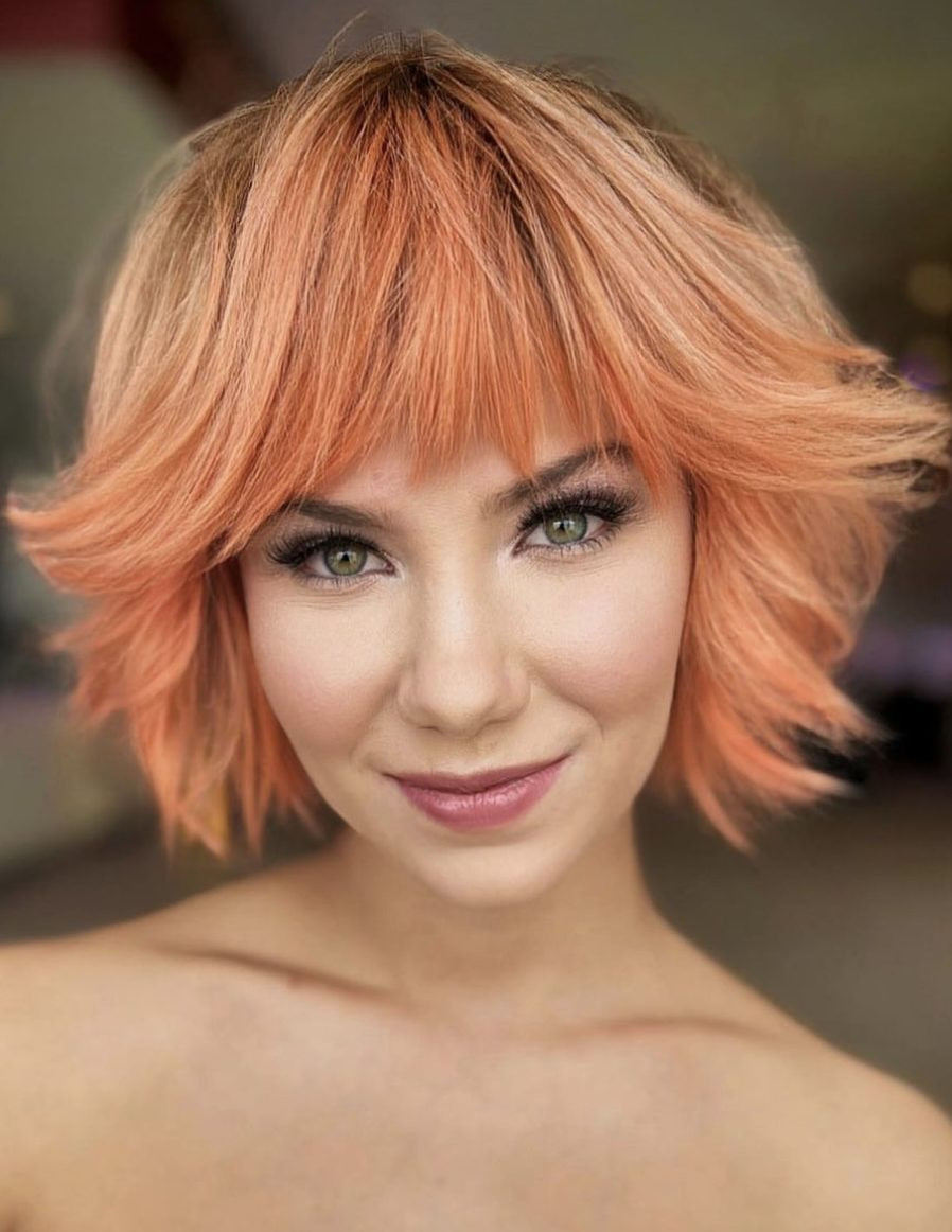 Chin Bright Coral Bob with Blunt Bangs — Coral Hair