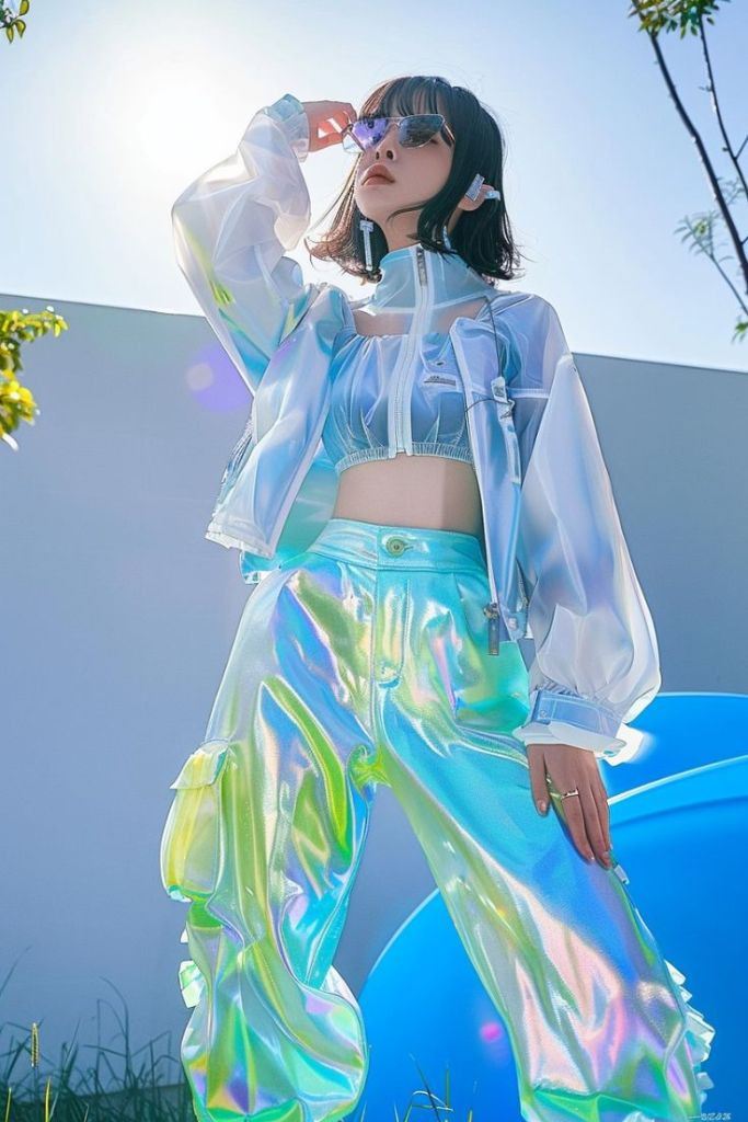 Holographic Set with Sheer Jacket for a Festive Statement — Cyber Y2K Outfits