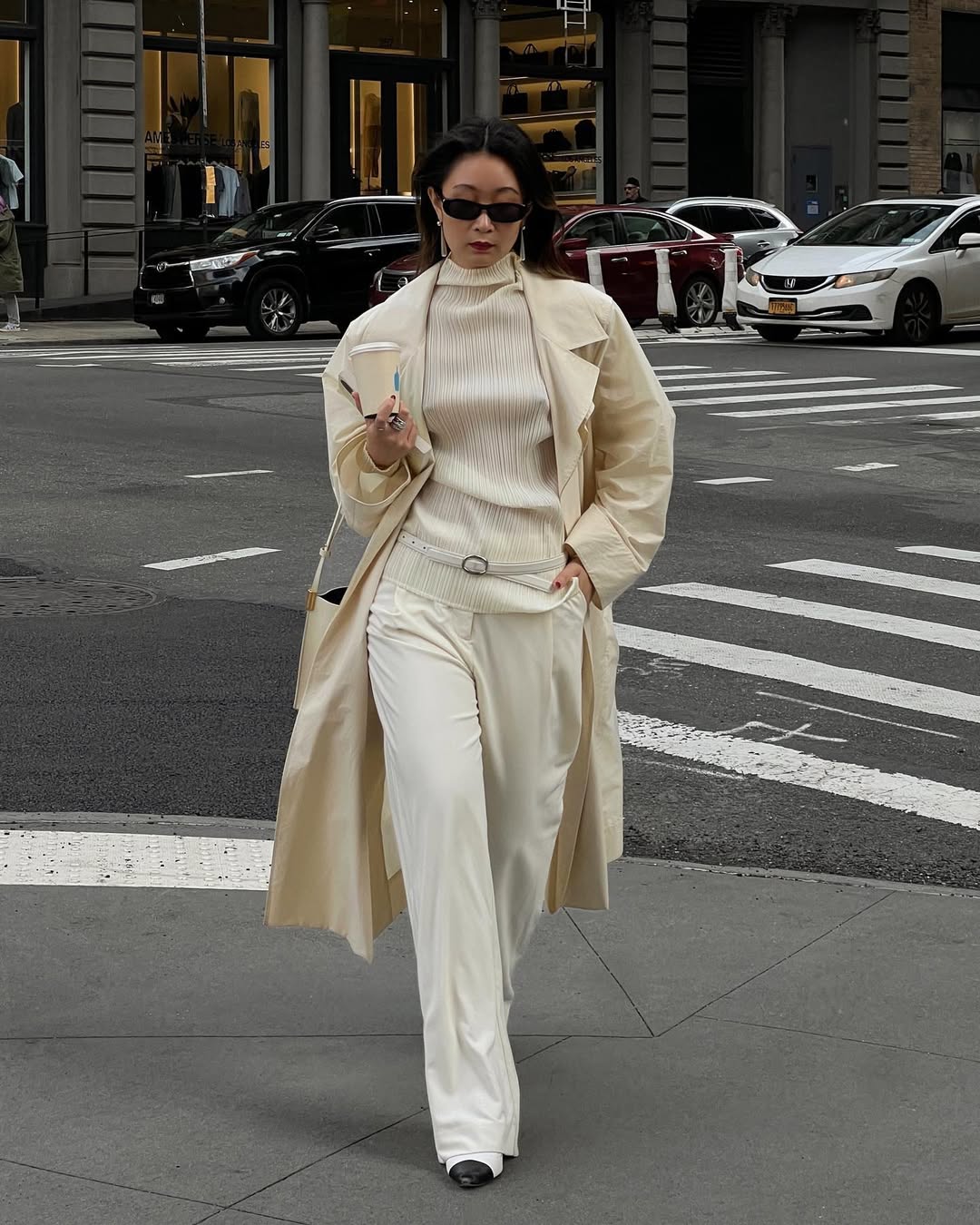 Elegant Cream Satin Trousers and Knit — Monochrome Outfits