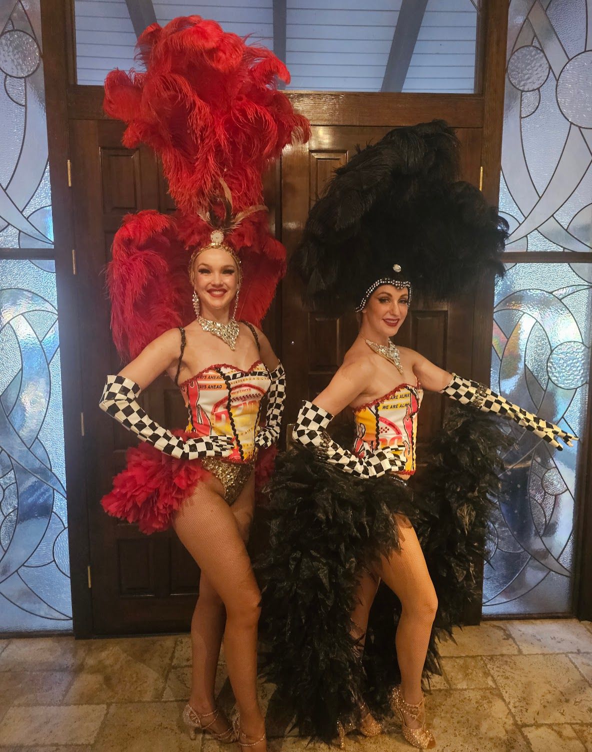 Corset and Feathers: Vegas Showgirl Costume with Checkered Accents Corset and Feathers: Vegas Showgirl Costume with Checkered Accents — Vegas Show Outfits