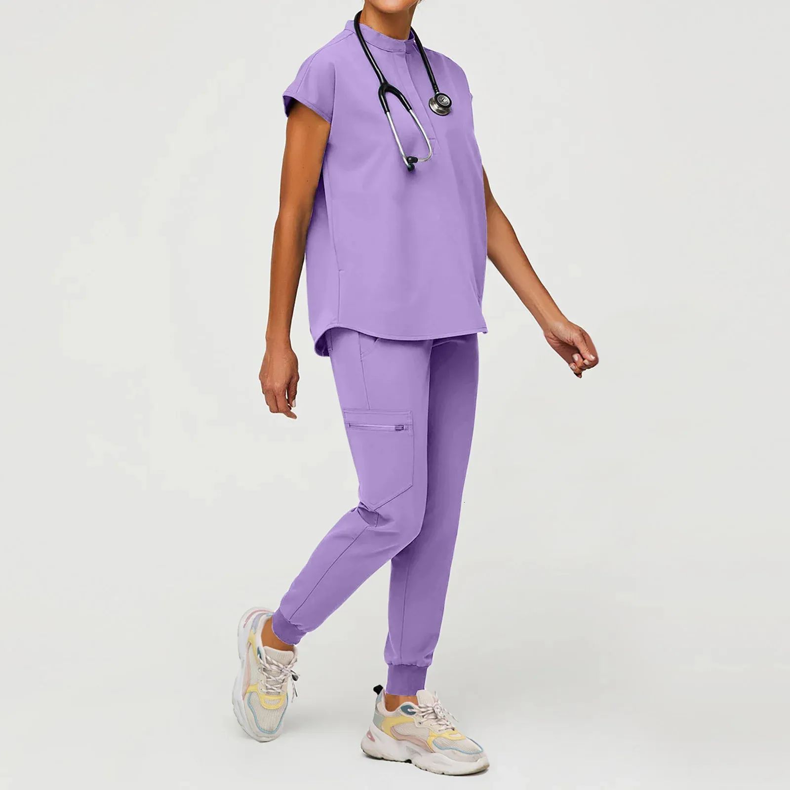 Lavender Jogger Scrubs with Multicolored Sneakers Lavender Jogger Scrubs with Multicolored Sneakers — Scrubs Outfits
