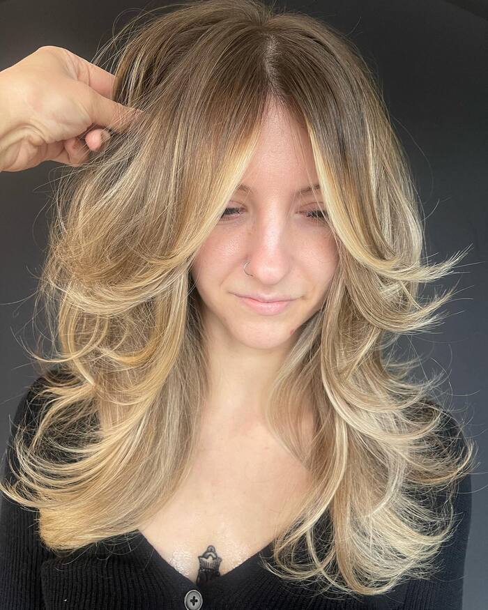 Voluminous Blonde Butterfly With Root Shadow — Butterfly Haircut Medium Hair